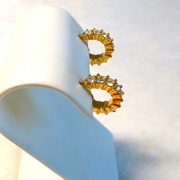 Vintage Small Goldtone and Clear Rhinestone Half Hoop Pierced Earrings - Picture 4 of 6